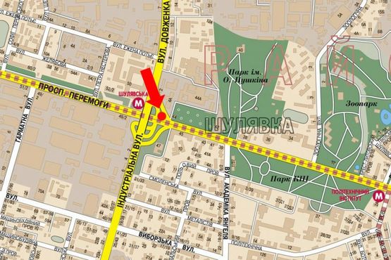 Схема рекламной плоскости по адресу Победы пр., ст. м. "Шулявская", разделитель, съезд с Шулявского моста на Победы пр. в сторону ст. м. "Берестейская"