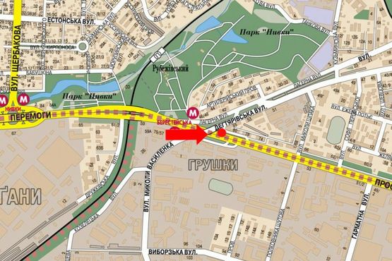 Схема рекламної площини за адресою Дегтяревская ул. / Победы пр., 80/57, ст. м. "Берестейская"
