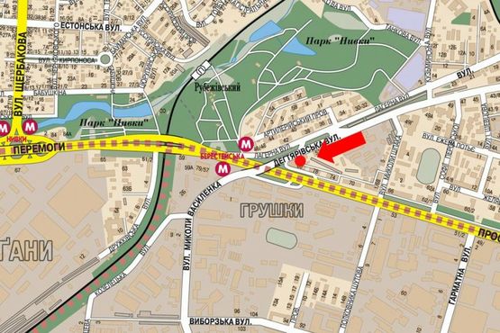 Схема рекламной плоскости по адресу Дегтяревская ул., 55 / Победы пр., разделитель, ст. м. "Берестейская", в сторону Гавела бул. (бывш. Лепсе бул.)