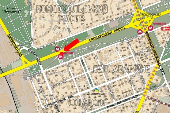 Схема рекламной плоскости по адресу Броварской пр., 400м от моста по Строителей ул., в сторону ст. м. "Левобережная"