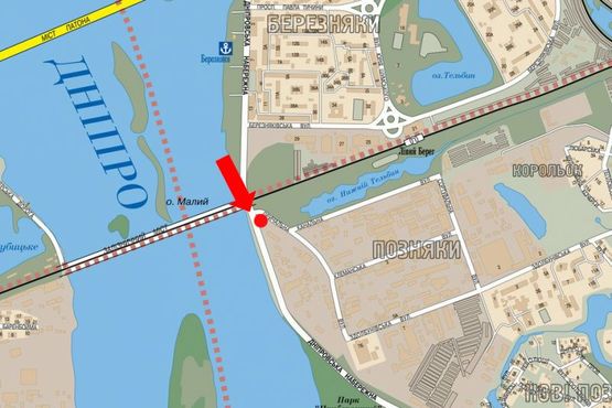 Схема рекламної площини за адресою Днепровская Набережная / Причальная ул. / мост Дарницкий, в сторону Бажана пр.