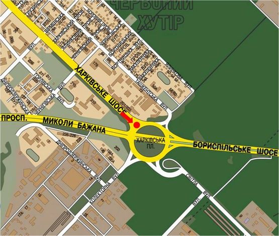 Схема рекламної площини за адресою Харьковская пл., разделитель, возле АЗС "Укравто", выезд с Харьковского шоссе на площадь