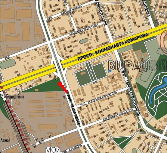 Схема рекламної площини за адресою Гавела бул. (бывш. Лепсе бул.), 22А / Комарова пр., роддом "Isida", в сторону Комарова пр.