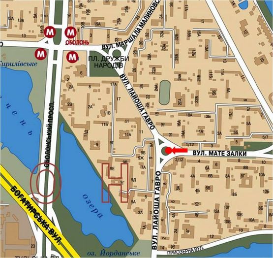 Схема рекламной плоскости по адресу Иорданская ул. (бывш. Гавро ул.), 12/2, клумба, в сторону Оболонская пл.