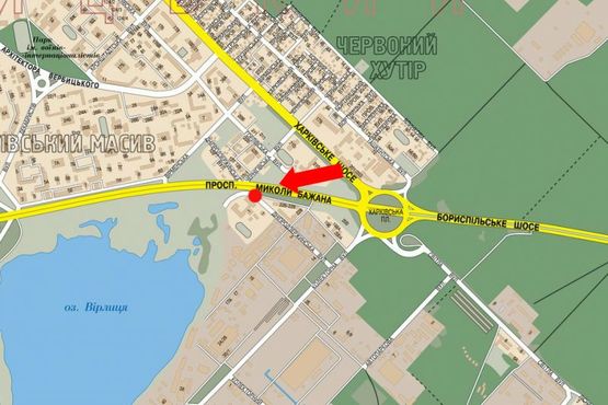 Схема рекламної площини за адресою Бажана пр., выезд с АЗС "Золотой Гепард" в сторону ст. м. "Харьковская"