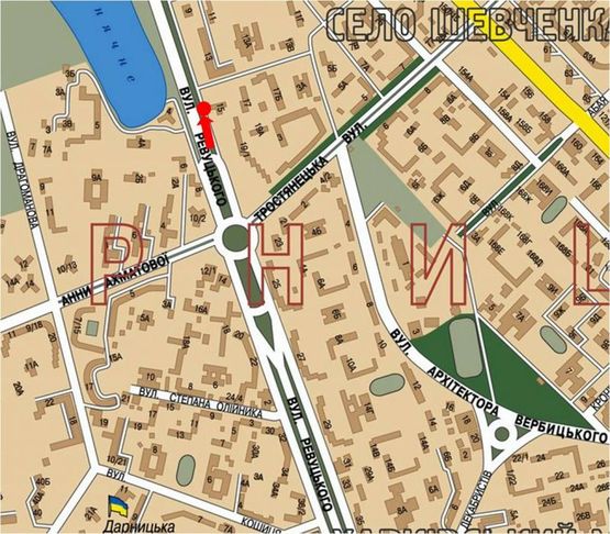 Схема рекламної площини за адресою Ревуцкого ул., 15, через дорогу, разделитель, в сторону ресторана "Хата Рыбака"