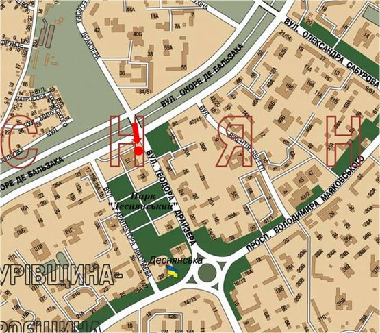 Схема рекламної площини за адресою Драйзера ул., 21, возле супермаркета "Сильпо", в сторону Маяковского пр.