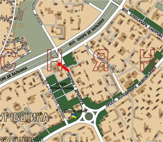 Схема рекламной плоскости по адресу Драйзера ул., 21, возле супермаркета "Сильпо", в сторону Бальзака ул.