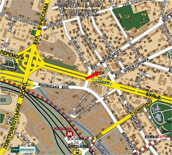 Схема рекламной плоскости по адресу Победы пл., 2, возле входа в Цирк, в сторону Шевченко бул.