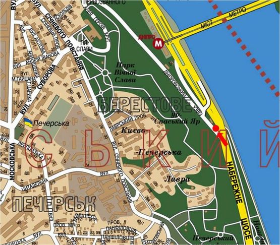 Схема рекламной плоскости по адресу Набережное шоссе / Днепровский спуск, в сторону ст. м. "Днепр"