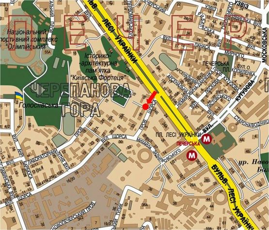 Схема рекламної площини за адресою Новогоспитальная ул. (бывш. Щорса пер.), 24-Б, напротив / Украинки бул., в сторону Коновальца ул. (бывш. Щорса ул.)