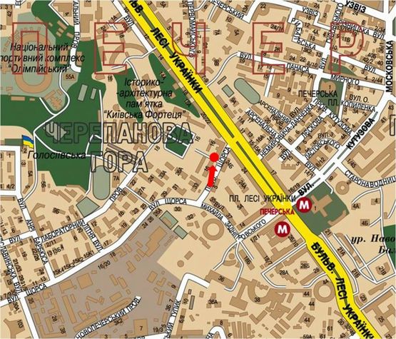 Схема рекламної площини за адресою Новогоспитальная ул. (бывш. Щорса пер.), 24-Б, напротив / Украинки бул., в сторону Украинки бул.