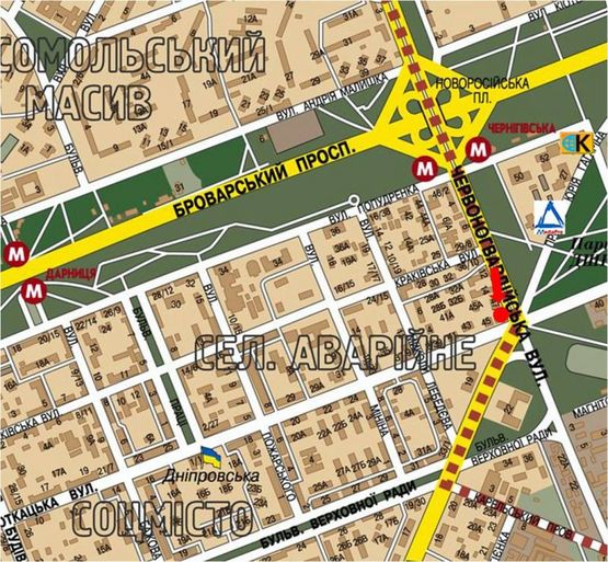 Схема рекламной плоскости по адресу Хоткевича ул. (бывш. Красногвардейская ул.), 18 / Красноткацкая ул., перед ТРЦ "Проспект", в сторону Дарницкой пл. (бывш. Ленинградская пл.)