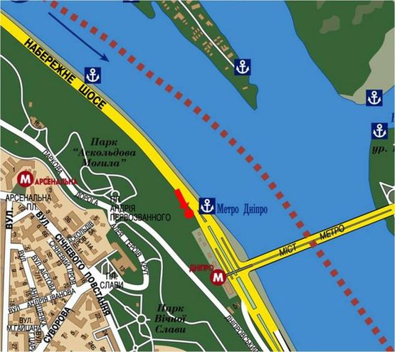 Схема рекламної площини за адресою Набережное шосе, 25, 100м до ст. м. "Днепр", рыбацкий рынок "Бухара", в сторону мост Патона