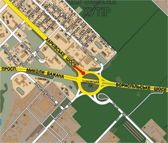 Схема рекламной плоскости по адресу Харьковская пл., разделитель, выезд с Харьковского шоссе в сторону Бажана пр.