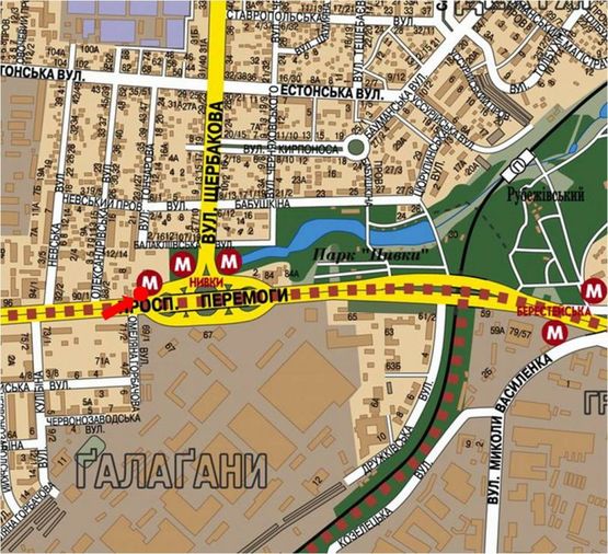 Схема рекламної площини за адресою Победы пр., 86, ст. м. "Нивки", в центр