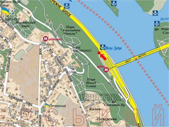 Схема рекламной плоскости по адресу Набережное шосе, 25, 100м от ст. м. "Днепр", в сторону ст. м. "Почтовая площадь"