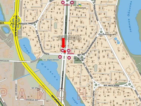 Схема рекламной плоскости по адресу Оболонский пр. / Малиновского. ул. , разделитель, ст. м. "Оболонь", в сторону р-н Петровка, правая