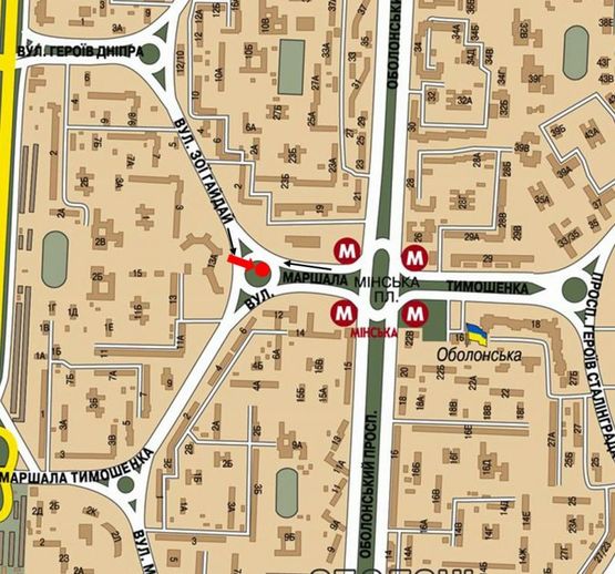 Схема рекламної площини за адресою Тимошенко ул., 19 / Гайдай ул., на клумбе, в сторону Оболонский пр.