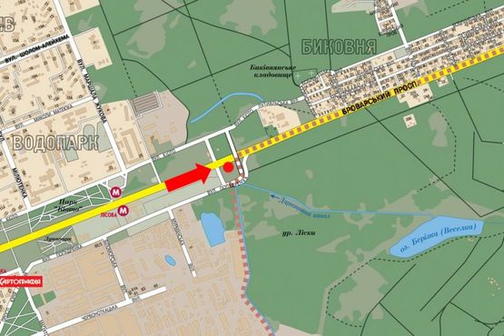 Схема рекламной плоскости по адресу Броварской пр., 830м от ст. м. "Лесная", в сторону Броваров, со стороны Киева, справа