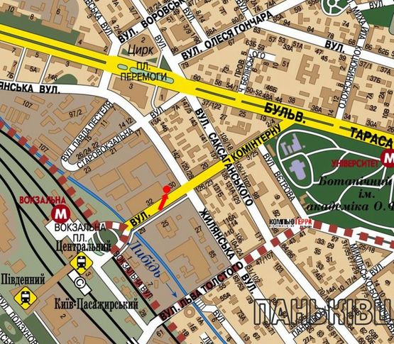 Схема рекламной плоскости по адресу Петлюры ул., 30 / Жилянская ул., супермаркет "Экомаркет", в сторону Шевченко бул.