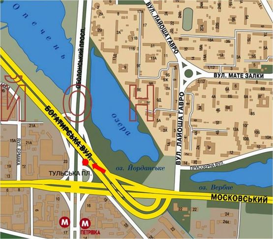 Схема рекламної площини за адресою Богатырская ул. / Оболонский пр., заезд с Московского пр.а в сторонуЛуговая ул., ТЦ "Караван"