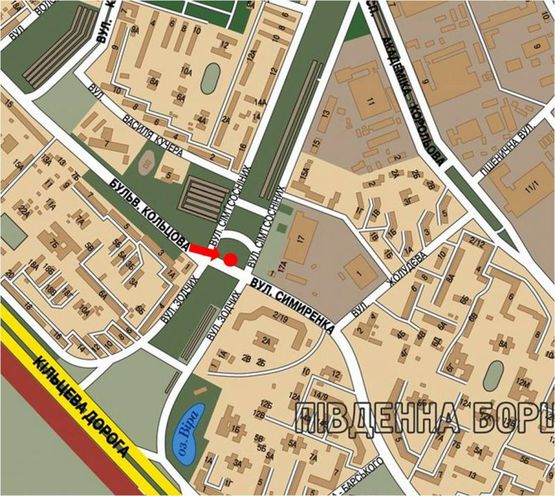 Схема рекламної площини за адресою Кольцова бул. / Семьи Сосниных ул., разделитель, возле супермаркета "Караван", рынка, в сторону Симиренка ул.