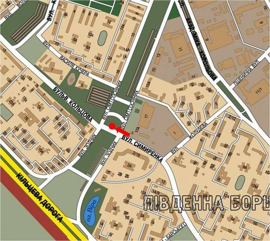 Схема рекламной плоскости по адресу Симиренко ул. / Семьи Сосниных ул., разделитель, возле супермаркета "Караван", рынка, в сторону Курбаса пр.