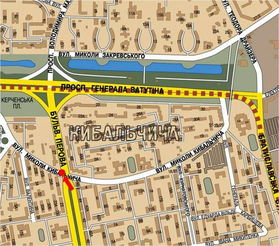 Схема рекламної площини за адресою Перова бул. / Кибальчича ул., разделитель, в сторону Ватутина пр.