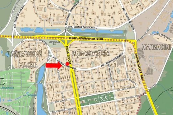 Схема рекламної площини за адресою Перова бул. / Кибальчича ул., разделитель, выезд на Перова бул. с Кибальчича ул.