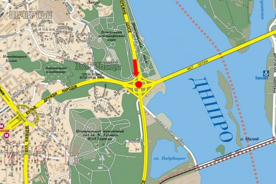 Схема рекламной плоскости по адресу Набережное шоссе, развязка на мосту Патона, в сторону моста Южного