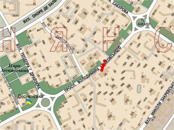 Схема рекламної площини за адресою Маяковского пр., 26, возле универсама "Фестивальный", в сторону Сабурова ул.