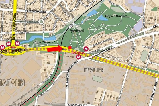 Схема рекламной плоскости по адресу Победы пр., 57, ст. м. "Берестейская", напротив АЗС "ТНК", в центр