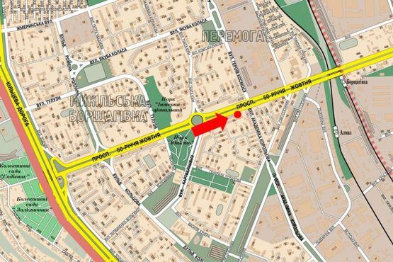 Схема рекламної площини за адресою Курбаса пр. / Королева ул., возле рынка "Колибрис", в сторону мост Индустриальный