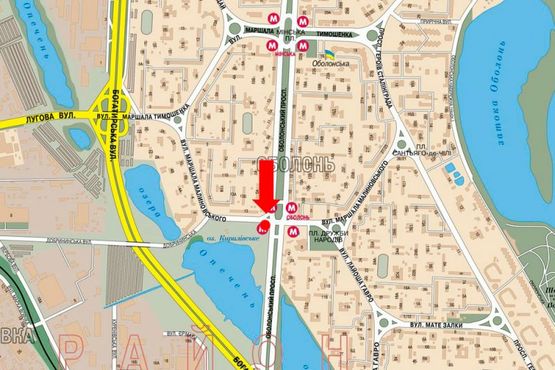 Схема рекламної площини за адресою Оболонский пр., ст. м. "Оболонь", разделитель, в сторону ст. м. "Почайна" (бывш. ст. м. "Петровка"), перед светофором