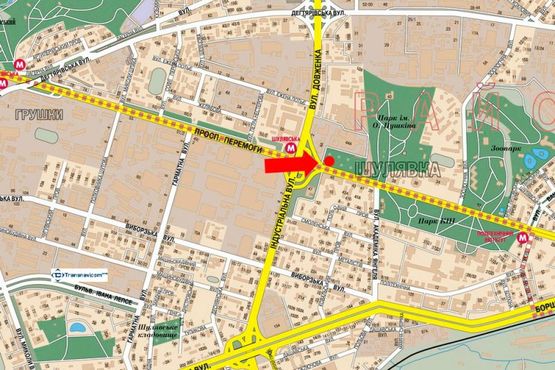 Схема рекламної площини за адресою Победы пр., ст. м. "Шулявская", киностудия им. Довженко, напротив супермаркет "Эльдорадо", "Сильпо", в центр
