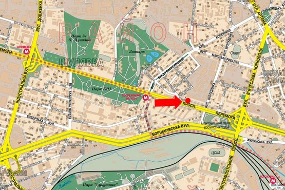 Схема рекламной плоскости по адресу Победы пр., 20, банк "ПУМБ", напротив магазинов "Интертоп", "Carlo Pazolini", "Фокстрот", в центр