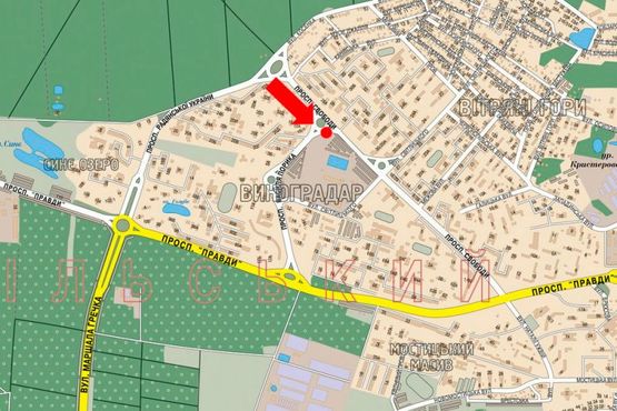 Схема рекламної площини за адресою Свободы пр. / Порика ул., возле рынка "Виноградарский", супермаркета "Фокстрот", разделитель, в сторону Правды пр.