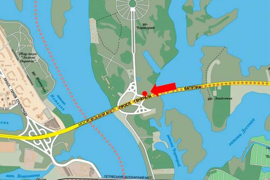 Схема рекламної площини за адресою Ватутина пр., въезд на мост Московский, в сторону ст. м. "Почайна" (бывш. ст. м. "Петровка")