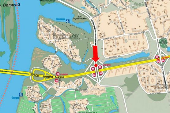 Схема рекламной плоскости по адресу Днепровская Набережная / Бажана пр., разделитель, в сторону ст. м. "Осокорки"