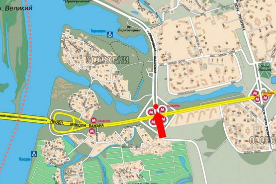 Схема рекламной плоскости по адресу Днепровская Набережная / Бажана пр., разделитель, со стороны ст. м. "Осокорки"