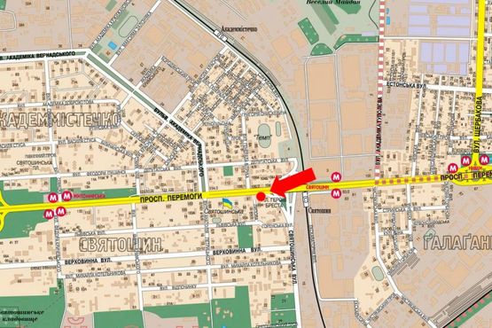 Схема рекламной плоскости по адресу Победы пр., 89А, ст. м. "Святошино", возле супермаркета "Сильпо", "Фокстрот", из центра