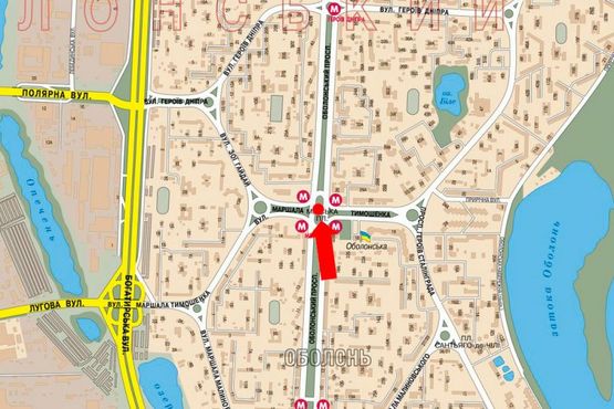 Схема рекламної площини за адресою Оболонский пр., 22B, ст. м. "Минская", разделитель, возле ТРЦ "Dream Toown", левая, в сторону ст. м. "Героев Днепра"