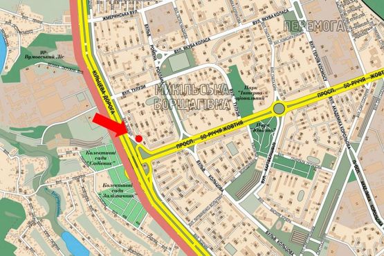 Схема рекламної площини за адресою Зодчих ул., 44, возле рынка "Борщаговский", конечной скоростного трамвая, в сторону Курбаса пр.