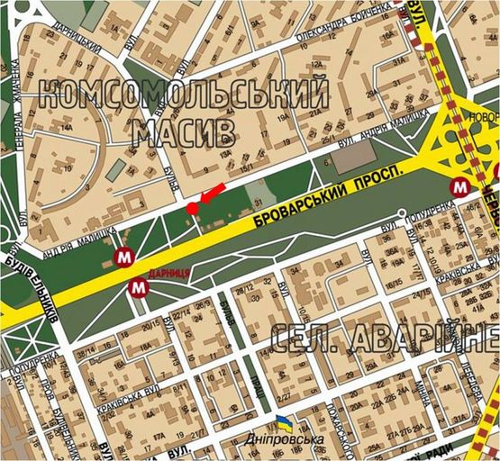 Схема рекламної площини за адресою Малышка ул., напротив выезда с Дарницкий бул., в сторону ст. м. "Дарница"