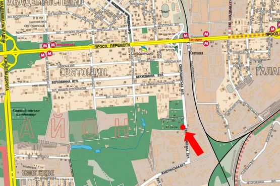 Схема рекламної площини за адресою Святошинская ул., 25 / Святошинский пер., светофор, в сторону Победы пр.