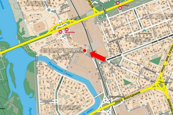 Схема рекламной плоскости по адресу Сверстюка ул. (бывш. Расковой ул.), 23, в сторону ст. м. "Левобережная"