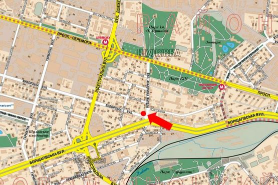 Схема рекламной плоскости по адресу Борщаговская ул. / Выборгская ул. / Янгеля ул., общежития КПИ, в сторону Гетьмана ул.