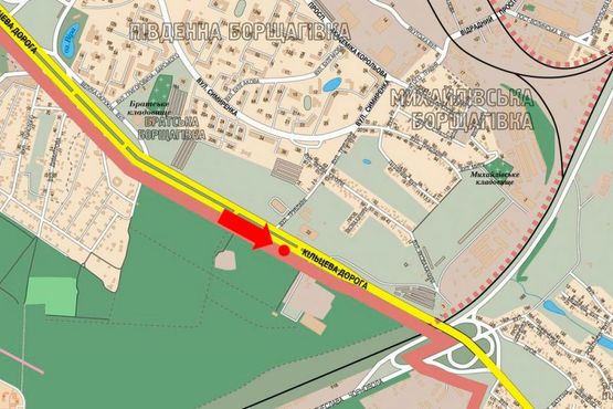 Схема рекламної площини за адресою Кольцевая дорога, перед Жулянским мостом над железной дорогой, в сторону Одесская пл.