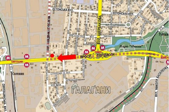 Схема рекламної площини за адресою Победы пр., 98/ 2, 100 м от супермаркета "Фуршет", из центра